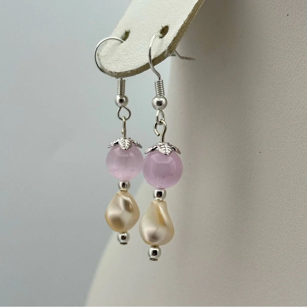 New Selenite & Swarovski Pearl Dangle Earrings Silver Tone Hooks